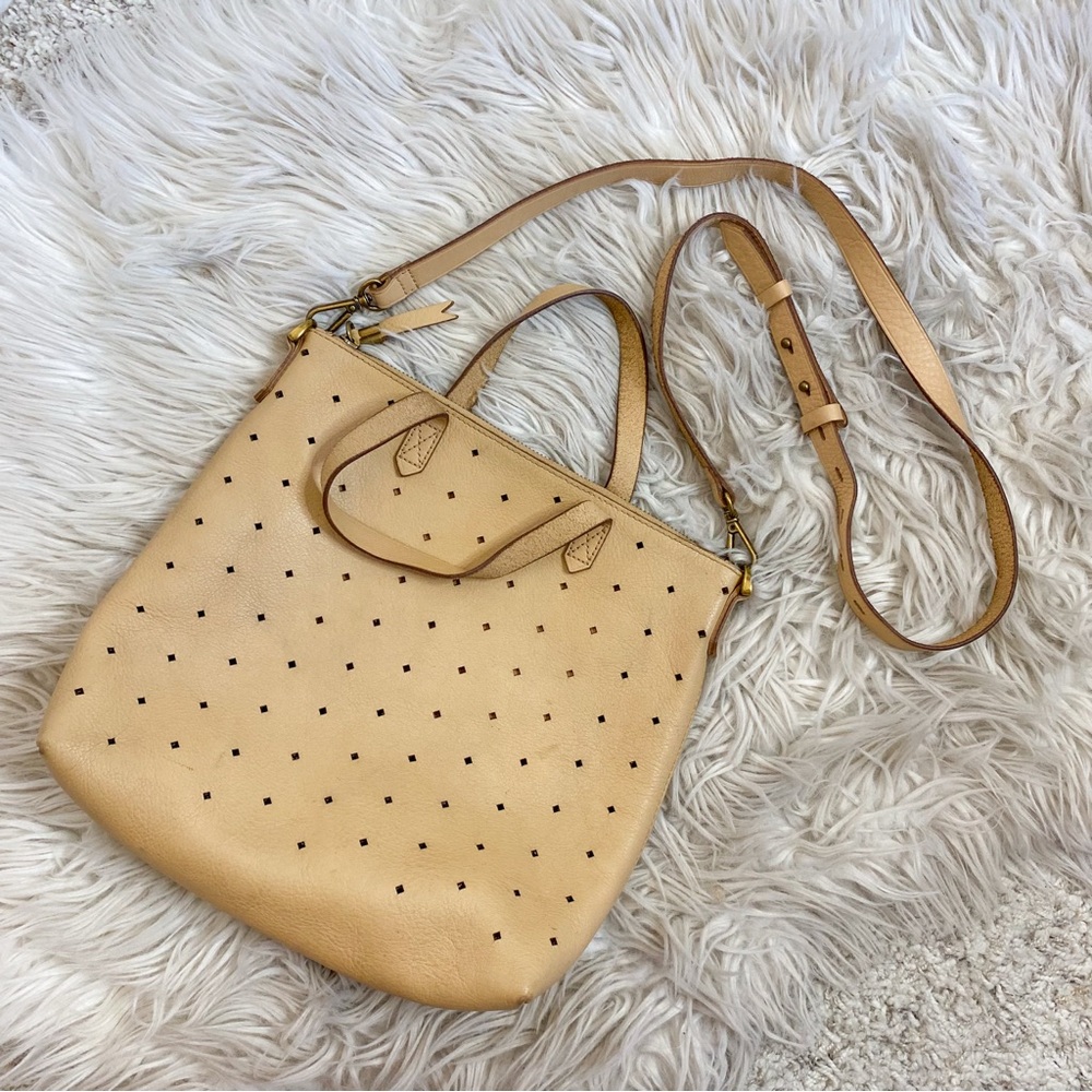 Madewell Light Tan Leather Small Perforated Zip Top Transport Tote